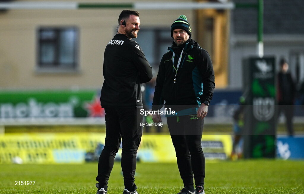 29 January 2022; Glasgow Warriors assistant coach Nigel Carolan, left, and Connacht assistant attack & skills coach Mossy Lawler before the United Rugby Championship match between Connacht and Glasgow Warriors at the Sportsground in Galway. Photo by Seb Daly/Sportsfile