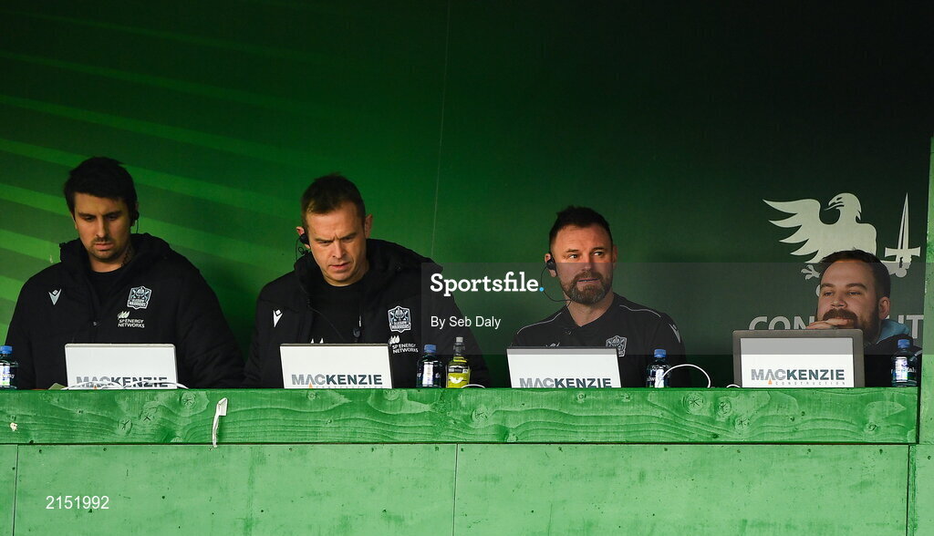 29 January 2022; Glasgow Warriors assistant coach Nigel Carolan, second from right, before the United Rugby Championship match between Connacht and Glasgow Warriors at the Sportsground in Galway. Photo by Seb Daly/Sportsfile