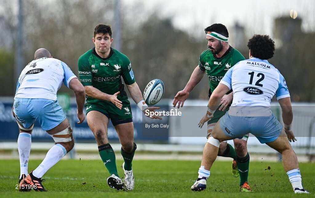 29 January 2022; Dave Heffernan, left, and Paul Boyle of Connacht in action against Kiran McDonald, left, and Sione Tuipulotu of Glasgow Warriors during the United Rugby Championship match between Connacht and Glasgow Warriors at the Sportsground in Galway. Photo by Seb Daly/Sportsfile