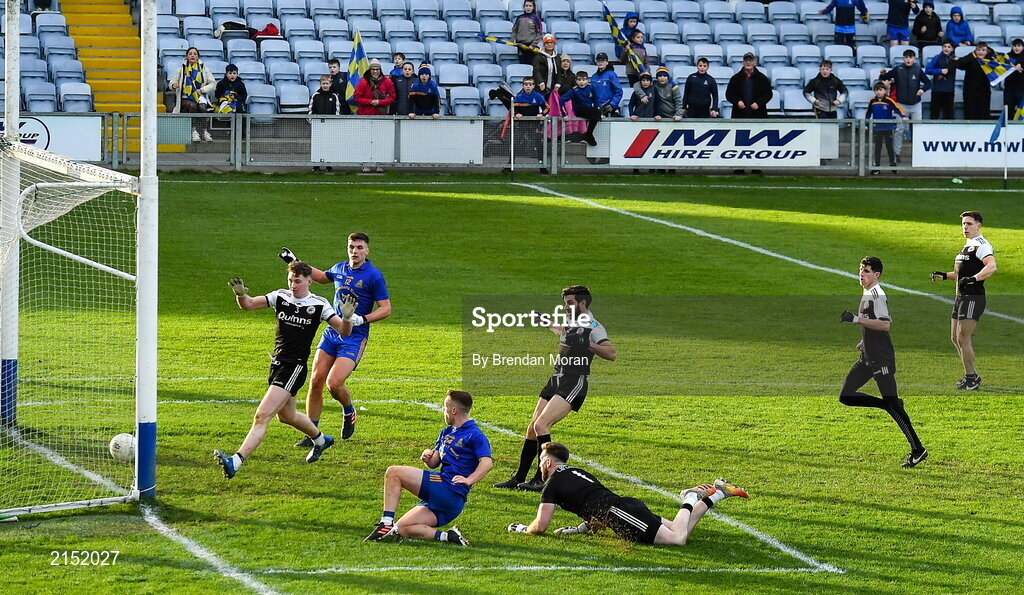 29 January 2022; Eoin McGreevey of St Finbarr's scores his side's first goal during the AIB GAA Football All-Ireland Senior Club Championship Semi-Final match between St Finbarr's, Cork, and Kilcoo, Down, at MW Hire O'Moore Park in Portlaoise, Laois. Photo by Brendan Moran/Sportsfile