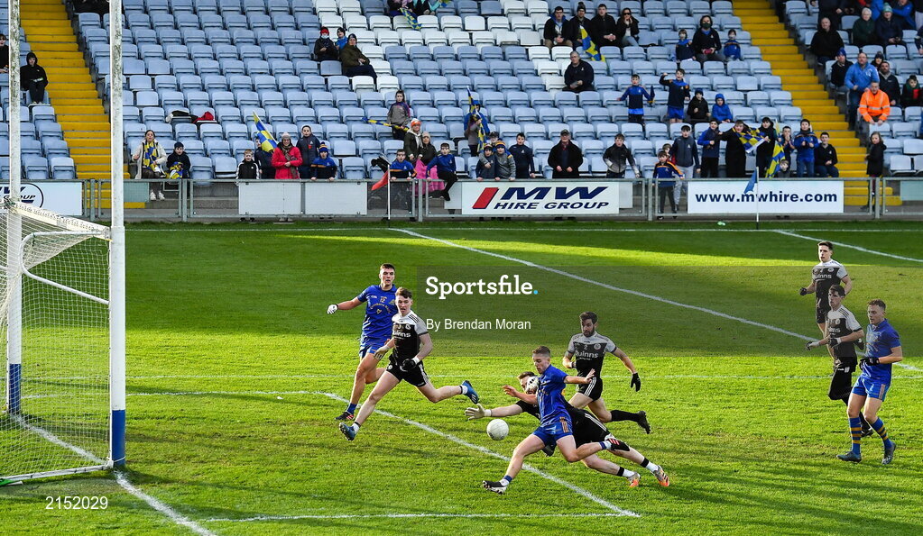 29 January 2022; Eoin McGreevey of St Finbarr's scores his side's first goal during the AIB GAA Football All-Ireland Senior Club Championship Semi-Final match between St Finbarr's, Cork, and Kilcoo, Down, at MW Hire O'Moore Park in Portlaoise, Laois. Photo by Brendan Moran/Sportsfile