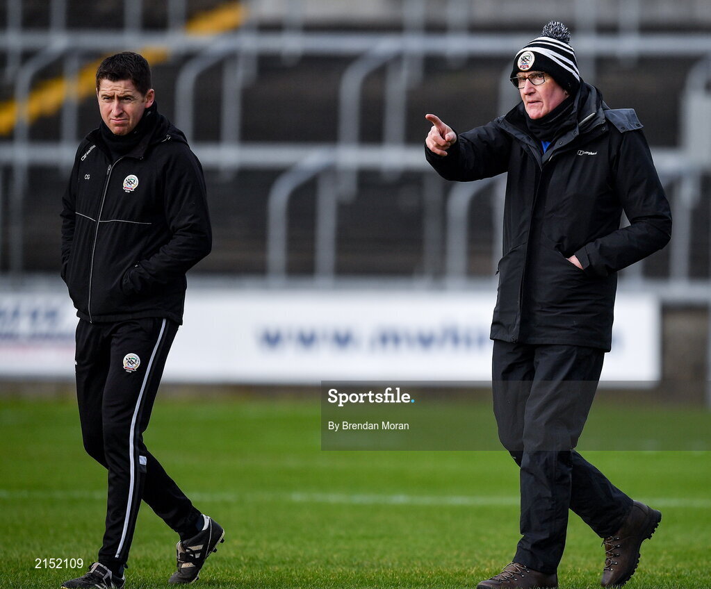 29 January 2022; Kilcoo manager Mickey Moran, right with selector Conleth Gilligan before the AIB GAA Football All-Ireland Senior Club Championship Semi-Final match between St Finbarr's, Cork, and Kilcoo, Down, at MW Hire O'Moore Park in Portlaoise, Laois. Photo by Brendan Moran/Sportsfile