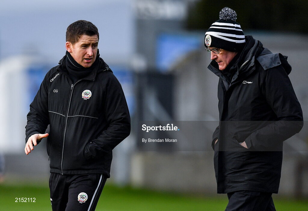 29 January 2022; Kilcoo selector Conleth Gilligan, left, and manager Mickey Moran before the AIB GAA Football All-Ireland Senior Club Championship Semi-Final match between St Finbarr's, Cork, and Kilcoo, Down, at MW Hire O'Moore Park in Portlaoise, Laois. Photo by Brendan Moran/Sportsfile