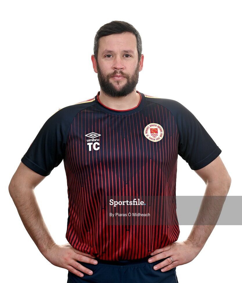 31 January 2022; Manager Tim Clancy poses for a portrait during a St Patrick's Athletic squad portrait session at Ballyoulster United Football Club, in Kildare. Photo by Piaras Ó Mídheach/Sportsfile