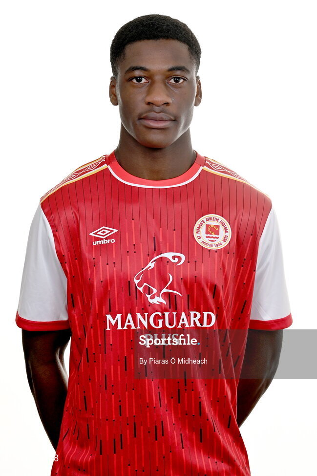 31 January 2022; James Abankwah poses for a portrait during a St Patrick's Athletic squad portrait session at Ballyoulster United Football Club, in Kildare. Photo by Piaras Ó Mídheach/Sportsfile