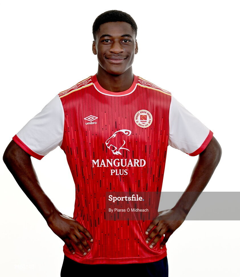 31 January 2022; James Abankwah poses for a portrait during a St Patrick's Athletic squad portrait session at Ballyoulster United Football Club, in Kildare. Photo by Piaras Ó Mídheach/Sportsfile