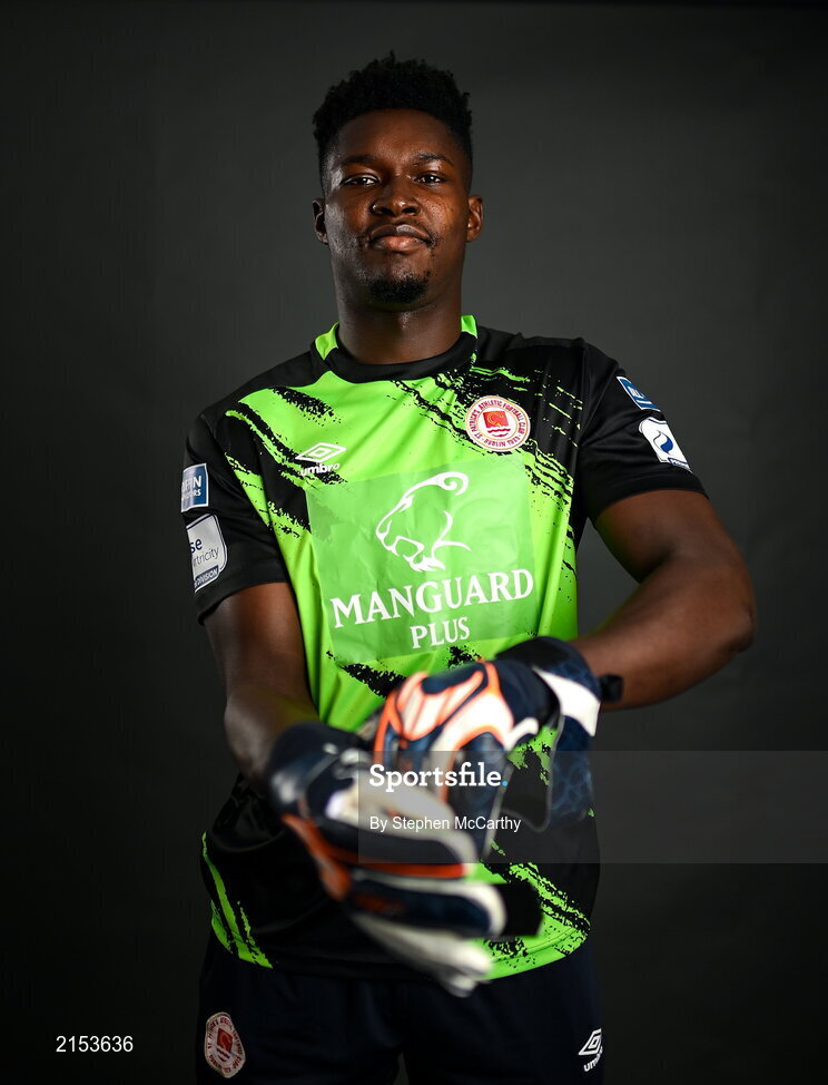 31 January 2022; Goalkeeper Joseph Anang poses for a portrait during a St Patrick's Athletic squad portrait session at Ballyoulster United Football Club in Kildare. Photo by Stephen McCarthy/Sportsfile
