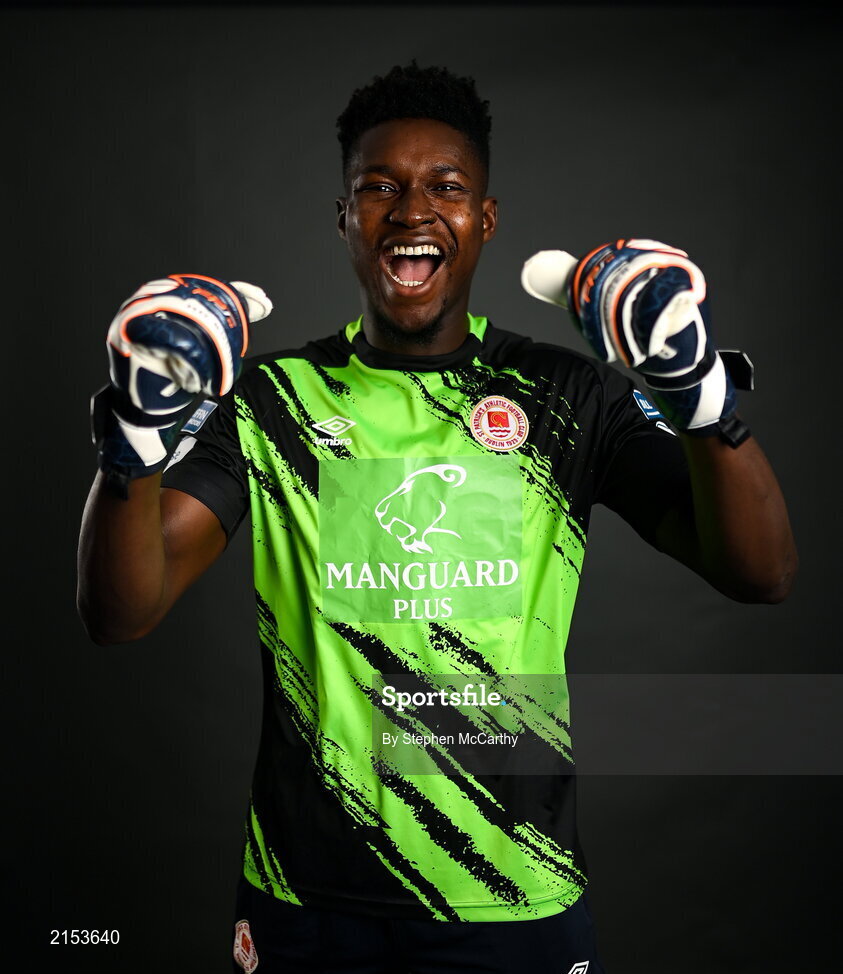 31 January 2022; Goalkeeper Joseph Anang poses for a portrait during a St Patrick's Athletic squad portrait session at Ballyoulster United Football Club in Kildare. Photo by Stephen McCarthy/Sportsfile