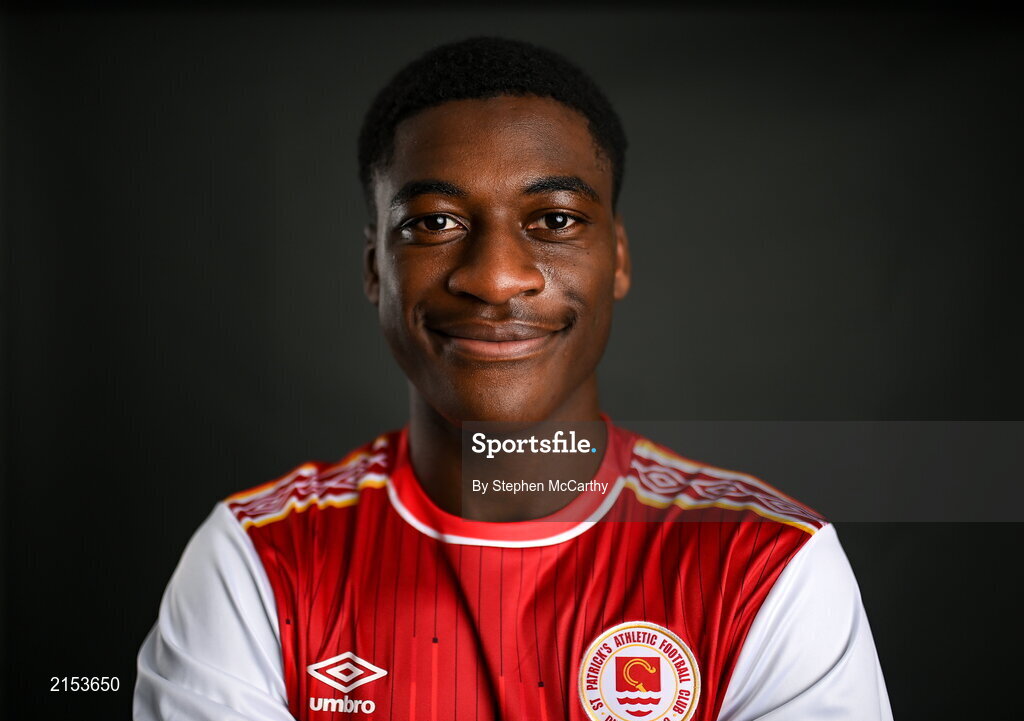 31 January 2022; James Abankwah poses for a portrait during a St Patrick's Athletic squad portrait session at Ballyoulster United Football Club in Kildare. Photo by Stephen McCarthy/Sportsfile