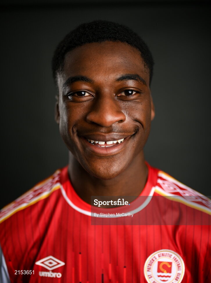 31 January 2022; James Abankwah poses for a portrait during a St Patrick's Athletic squad portrait session at Ballyoulster United Football Club in Kildare. Photo by Stephen McCarthy/Sportsfile