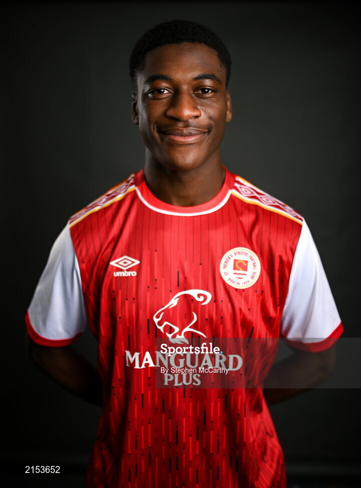 31 January 2022; James Abankwah poses for a portrait during a St Patrick's Athletic squad portrait session at Ballyoulster United Football Club in Kildare. Photo by Stephen McCarthy/Sportsfile