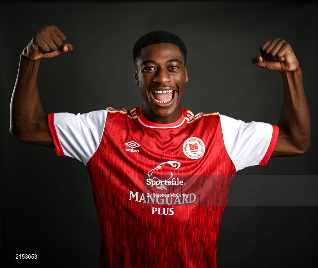 31 January 2022; James Abankwah poses for a portrait during a St Patrick's Athletic squad portrait session at Ballyoulster United Football Club in Kildare. Photo by Stephen McCarthy/Sportsfile