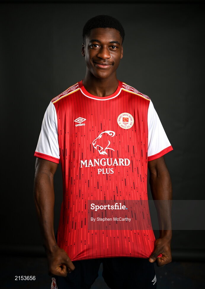 31 January 2022; James Abankwah poses for a portrait during a St Patrick's Athletic squad portrait session at Ballyoulster United Football Club in Kildare. Photo by Stephen McCarthy/Sportsfile