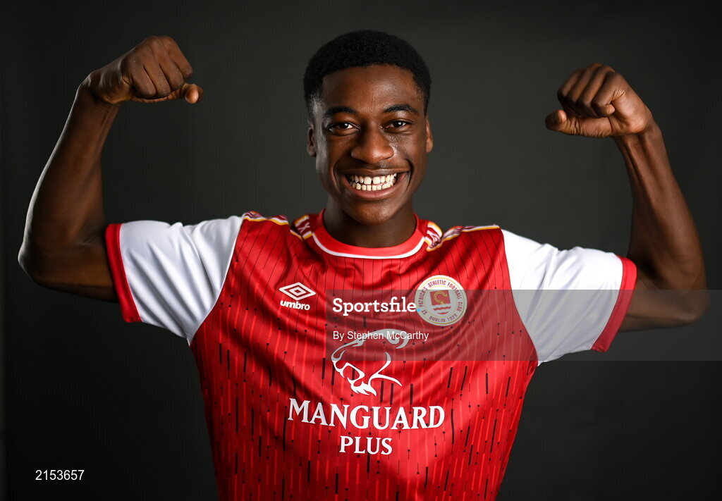 31 January 2022; James Abankwah poses for a portrait during a St Patrick's Athletic squad portrait session at Ballyoulster United Football Club in Kildare. Photo by Stephen McCarthy/Sportsfile