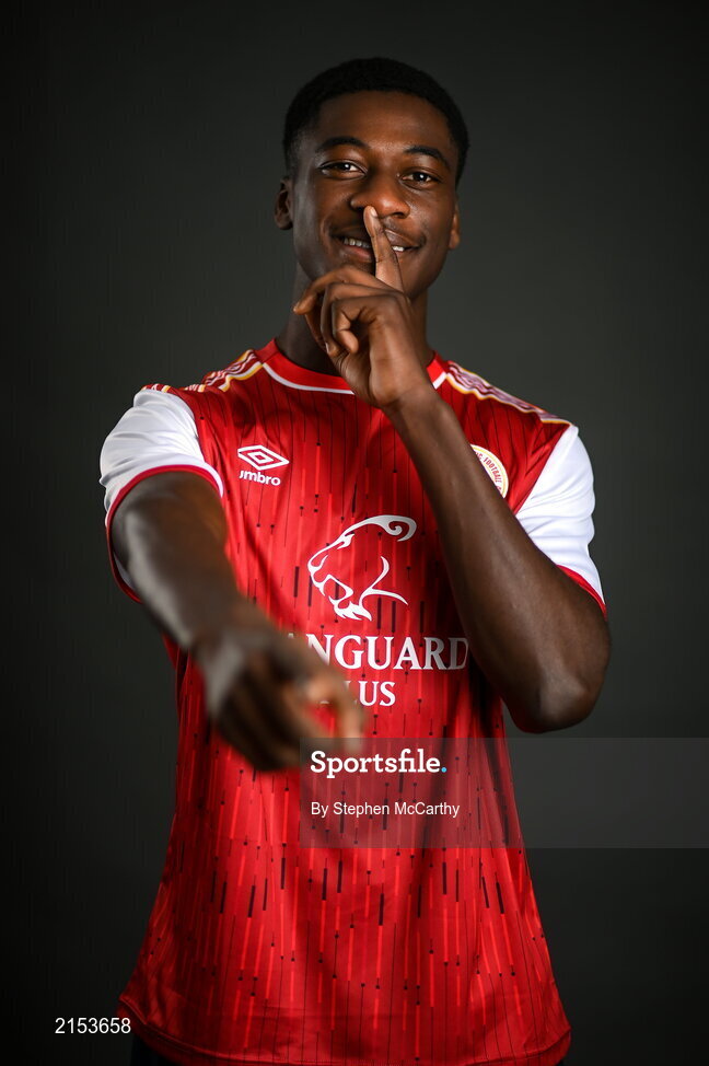 31 January 2022; James Abankwah poses for a portrait during a St Patrick's Athletic squad portrait session at Ballyoulster United Football Club in Kildare. Photo by Stephen McCarthy/Sportsfile