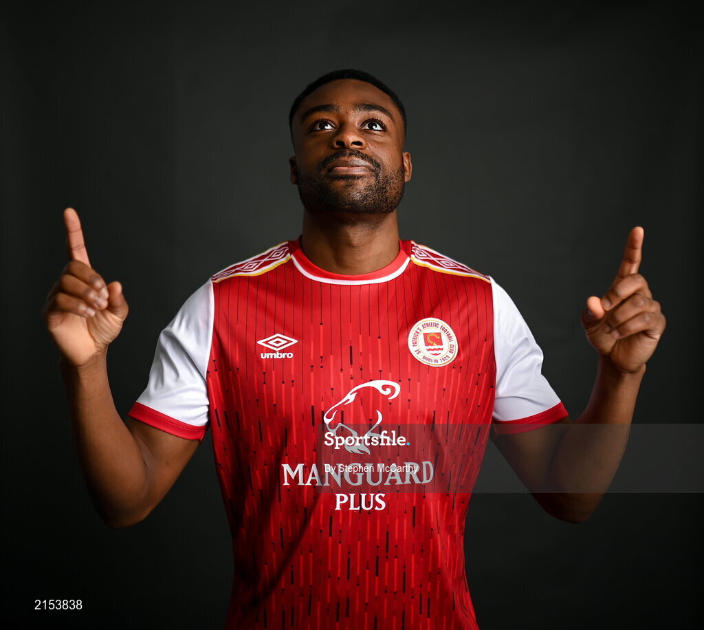 31 January 2022; Tunde Owolabi poses for a portrait during a St Patrick's Athletic squad portrait session at Ballyoulster United Football Club in Kildare. Photo by Stephen McCarthy/Sportsfile