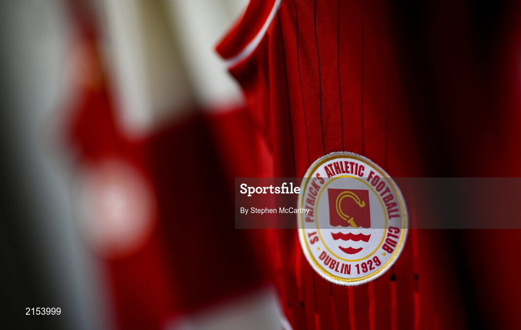 31 January 2022; A detailed view of the St Patrick's Athletic crest on their jersey during a squad portrait session at Ballyoulster United Football Club in Kildare. Photo by Stephen McCarthy/Sportsfile