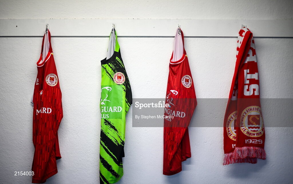 31 January 2022; A general view of St Patrick's Athletic jerseys during a squad portrait session at Ballyoulster United Football Club in Kildare. Photo by Stephen McCarthy/Sportsfile