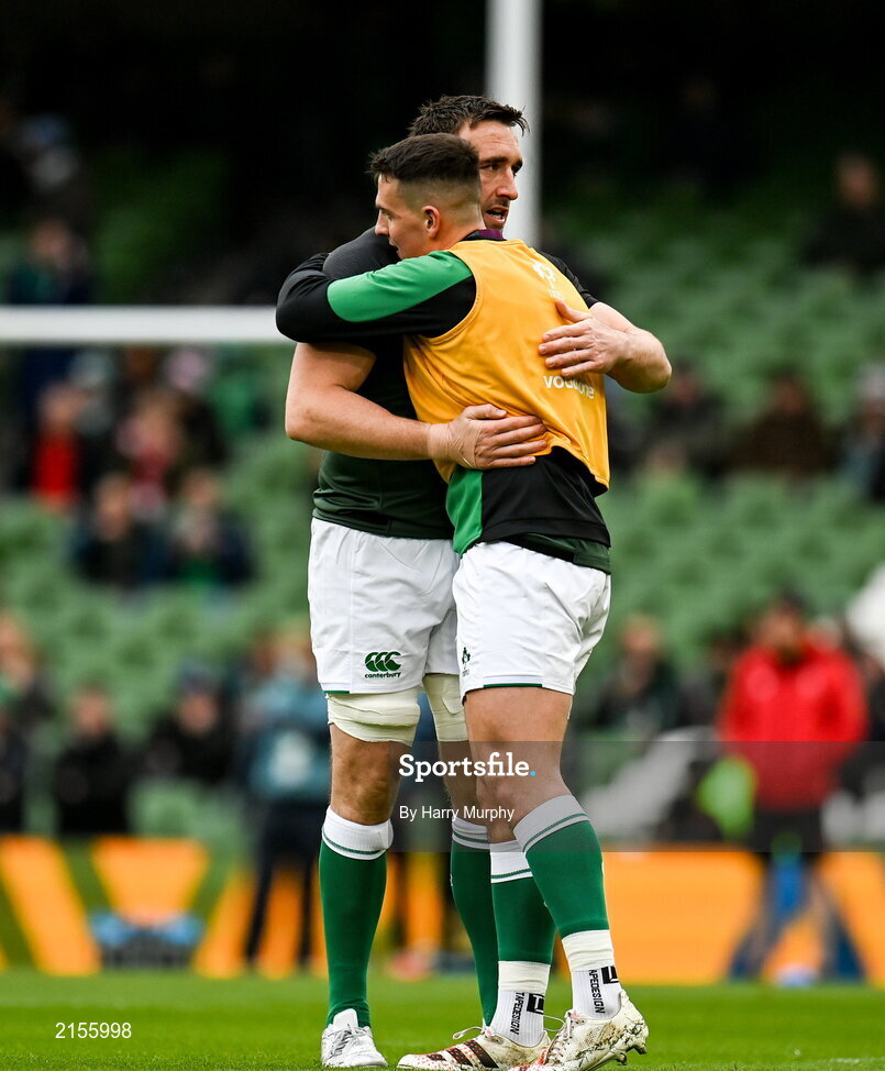 5 February 2022; Jack Conan of Ireland, left, and teammate James Hume embrace before the Guinness Six Nations Rugby Championship match between Ireland and Wales at the Aviva Stadium in Dublin. Photo by Harry Murphy/Sportsfile