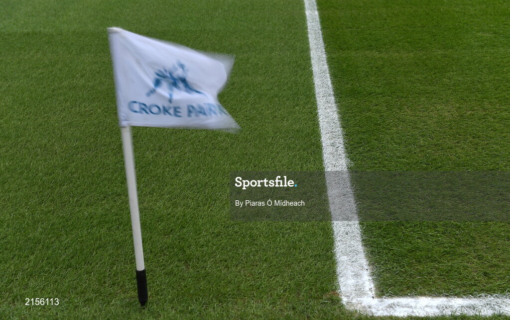 5 February 2022; A general view of pitch markings as a pitch flag flies in the wind before the AIB GAA Hurling All-Ireland Junior Club Championship Final match between Ballygiblin, Cork, and Mooncoin, Kilkenny, at Croke Park in Dublin. Photo by Piaras Ó Mídheach/Sportsfile