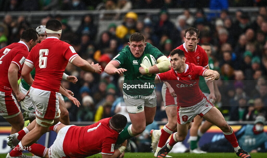 5 February 2022; Tadhg Furlong of Ireland is tackled by Wyn Jones of Wales during the Guinness Six Nations Rugby Championship match between Ireland and Wales at the Aviva Stadium in Dublin. Photo by David Fitzgerald/Sportsfile