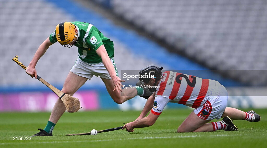 5 February 2022; Killian Hogan of Mooncoin is tackled by Brian O'Gorman of Ballygiblin during the AIB GAA Hurling All-Ireland Junior Club Championship Final match between Ballygiblin, Cork, and Mooncoin, Kilkenny, at Croke Park in Dublin. Photo by Piaras Ó Mídheach/Sportsfile