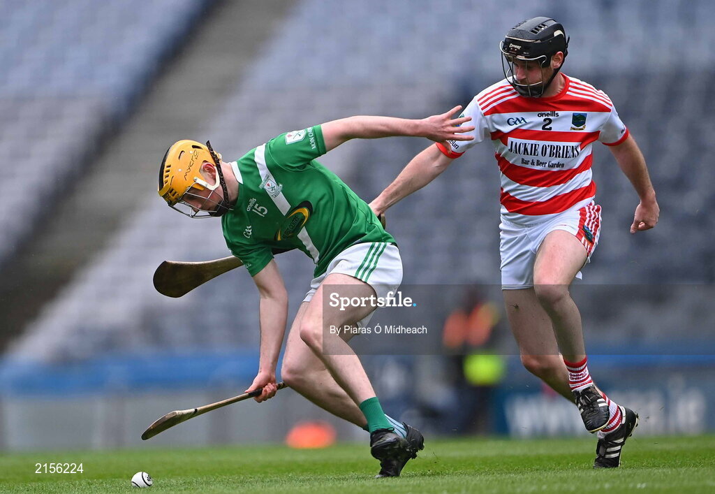 5 February 2022; Killian Hogan of Mooncoin is tackled by Brian O'Gorman of Ballygiblin during the AIB GAA Hurling All-Ireland Junior Club Championship Final match between Ballygiblin, Cork, and Mooncoin, Kilkenny, at Croke Park in Dublin. Photo by Piaras Ó Mídheach/Sportsfile