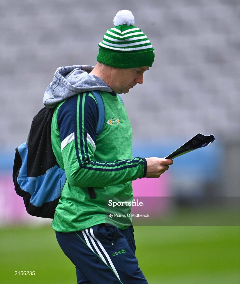 5 February 2022; Mooncoin manager Willie Coogan reads the match programme before the AIB GAA Hurling All-Ireland Junior Club Championship Final match between Ballygiblin, Cork, and Mooncoin, Kilkenny, at Croke Park in Dublin. Photo by Piaras Ó Mídheach/Sportsfile
