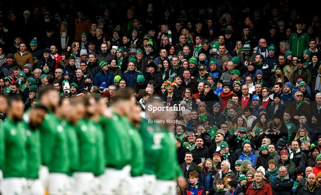 5 February 2022; Supporters look on before the Guinness Six Nations Rugby Championship match between Ireland and Wales at the Aviva Stadium in Dublin. Photo by Harry Murphy/Sportsfile