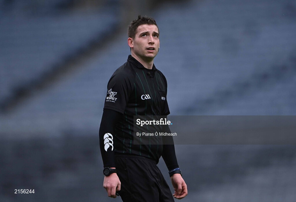 5 February 2022; Referee Brian Keon during the AIB GAA Hurling All-Ireland Junior Club Championship Final match between Ballygiblin, Cork, and Mooncoin, Kilkenny, at Croke Park in Dublin. Photo by Piaras Ó Mídheach/Sportsfile