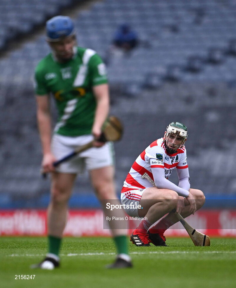 5 February 2022; Mark Keane of Ballygiblin looks on as Seán O'Sullivan of Ballygiblin prepares to take a free during the AIB GAA Hurling All-Ireland Junior Club Championship Final match between Ballygiblin, Cork, and Mooncoin, Kilkenny, at Croke Park in Dublin. Photo by Piaras Ó Mídheach/Sportsfile
