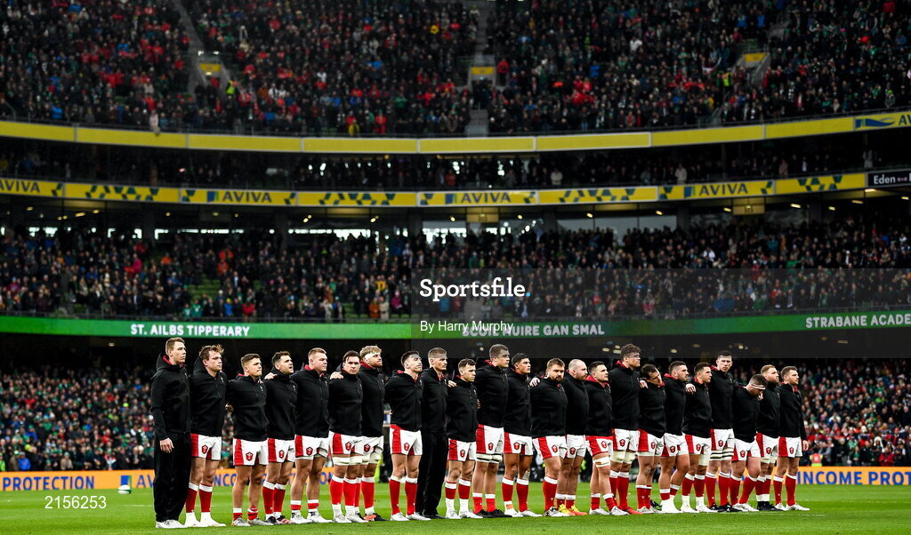 5 February 2022; The Wales team stand for the national anthem during the Guinness Six Nations Rugby Championship match between Ireland and Wales at the Aviva Stadium in Dublin. Photo by Harry Murphy/Sportsfile