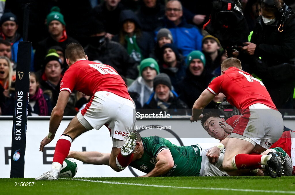 5 February 2022; Andrew Conway of Ireland scores his side's second try during the Guinness Six Nations Rugby Championship match between Ireland and Wales at the Aviva Stadium in Dublin. Photo by David Fitzgerald/Sportsfile