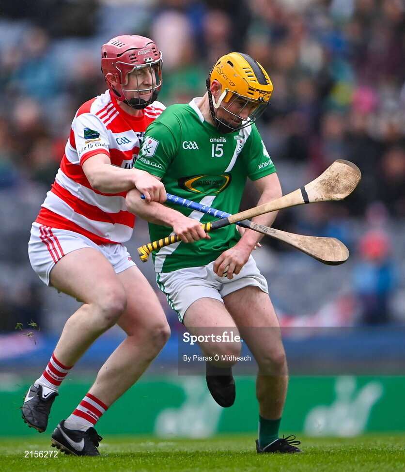 5 February 2022; Killian Hogan of Mooncoin is tackled by Ryan Donegan of Ballygiblin during the AIB GAA Hurling All-Ireland Junior Club Championship Final match between Ballygiblin, Cork, and Mooncoin, Kilkenny, at Croke Park in Dublin. Photo by Piaras Ó Mídheach/Sportsfile