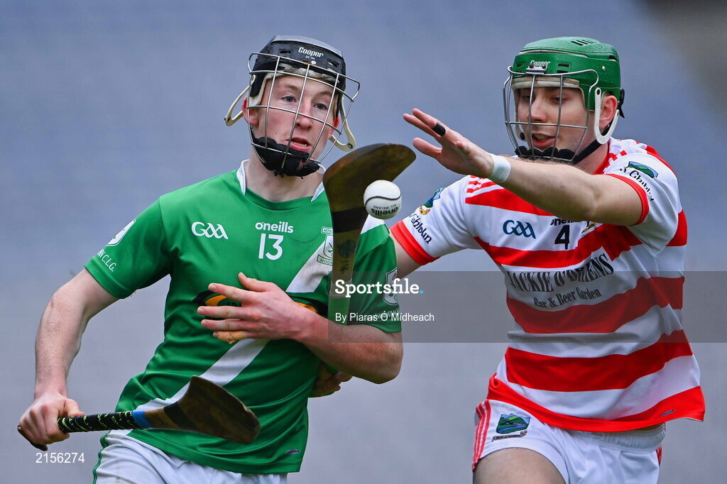 5 February 2022; Adam Croke of Mooncoin is tackled by James Mullins of Ballygiblin during the AIB GAA Hurling All-Ireland Junior Club Championship Final match between Ballygiblin, Cork, and Mooncoin, Kilkenny, at Croke Park in Dublin. Photo by Piaras Ó Mídheach/Sportsfile