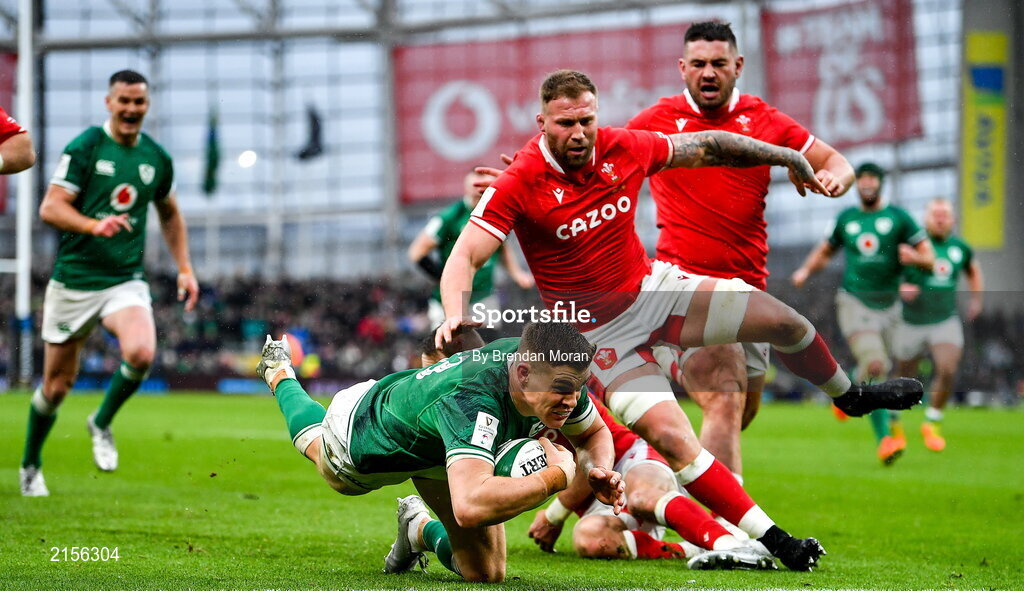 5 February 2022; Garry Ringrose of Ireland scores his side's fourth try during the Guinness Six Nations Rugby Championship match between Ireland and Wales at the Aviva Stadium in Dublin. Photo by Brendan Moran/Sportsfile