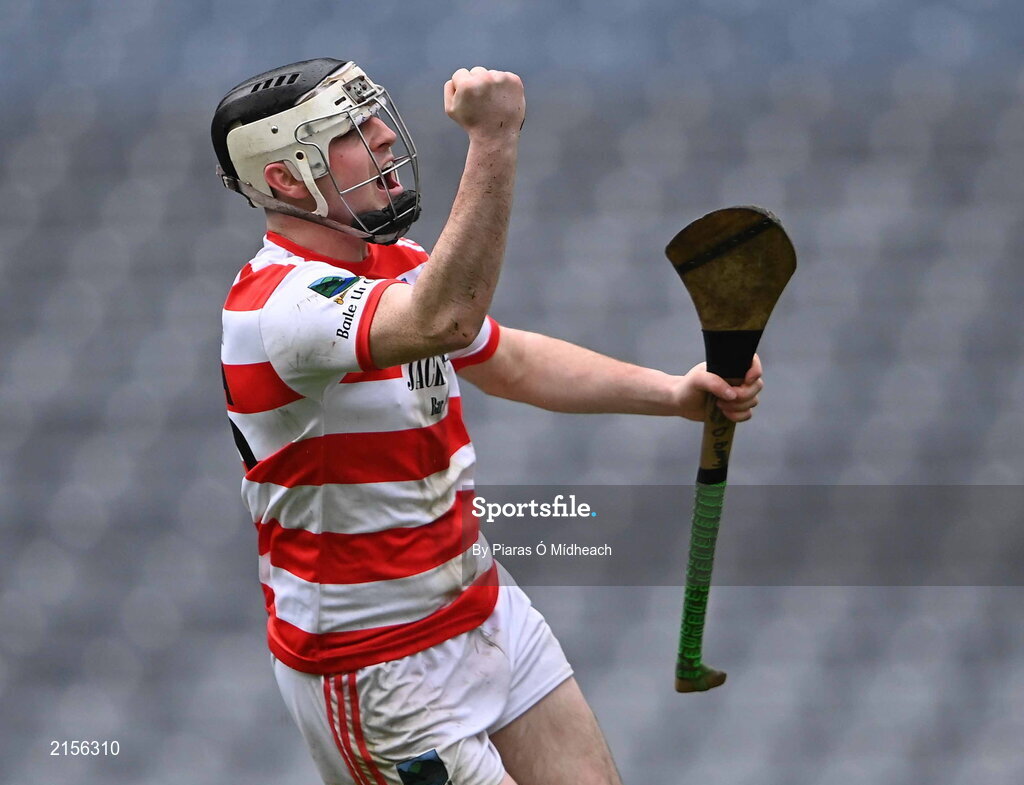 5 February 2022; Dean Barry of Ballygiblin celebrates scoring his side's first goal during the AIB GAA Hurling All-Ireland Junior Club Championship Final match between Ballygiblin, Cork, and Mooncoin, Kilkenny, at Croke Park in Dublin. Photo by Piaras Ó Mídheach/Sportsfile