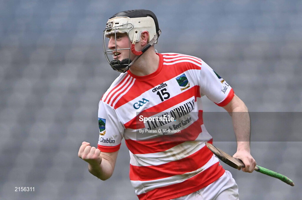 5 February 2022; Dean Barry of Ballygiblin celebrates scoring his side's first goal during the AIB GAA Hurling All-Ireland Junior Club Championship Final match between Ballygiblin, Cork, and Mooncoin, Kilkenny, at Croke Park in Dublin. Photo by Piaras Ó Mídheach/Sportsfile