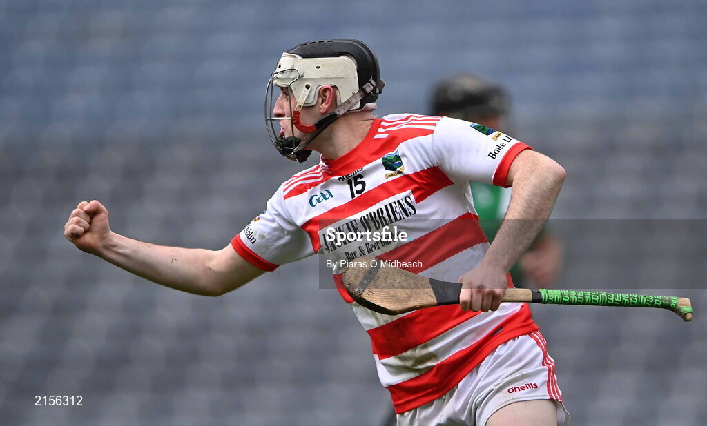 5 February 2022; Dean Barry of Ballygiblin celebrates scoring his side's first goal during the AIB GAA Hurling All-Ireland Junior Club Championship Final match between Ballygiblin, Cork, and Mooncoin, Kilkenny, at Croke Park in Dublin. Photo by Piaras Ó Mídheach/Sportsfile