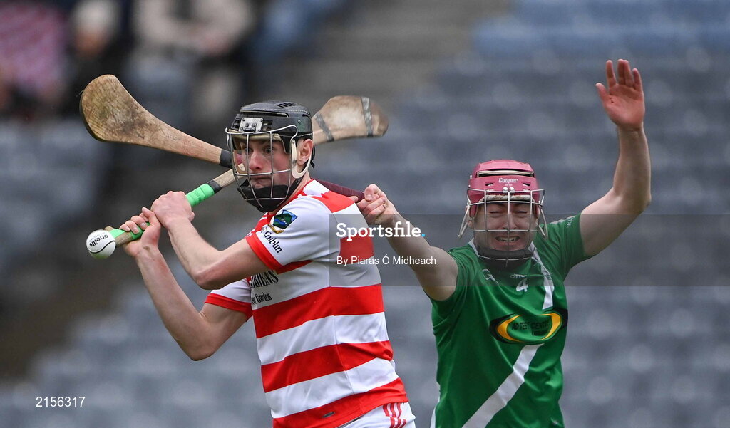 5 February 2022; Colin English of Ballygiblin is hooked by Mark Kearns of Mooncoin during the AIB GAA Hurling All-Ireland Junior Club Championship Final match between Ballygiblin, Cork, and Mooncoin, Kilkenny, at Croke Park in Dublin. Photo by Piaras Ó Mídheach/Sportsfile