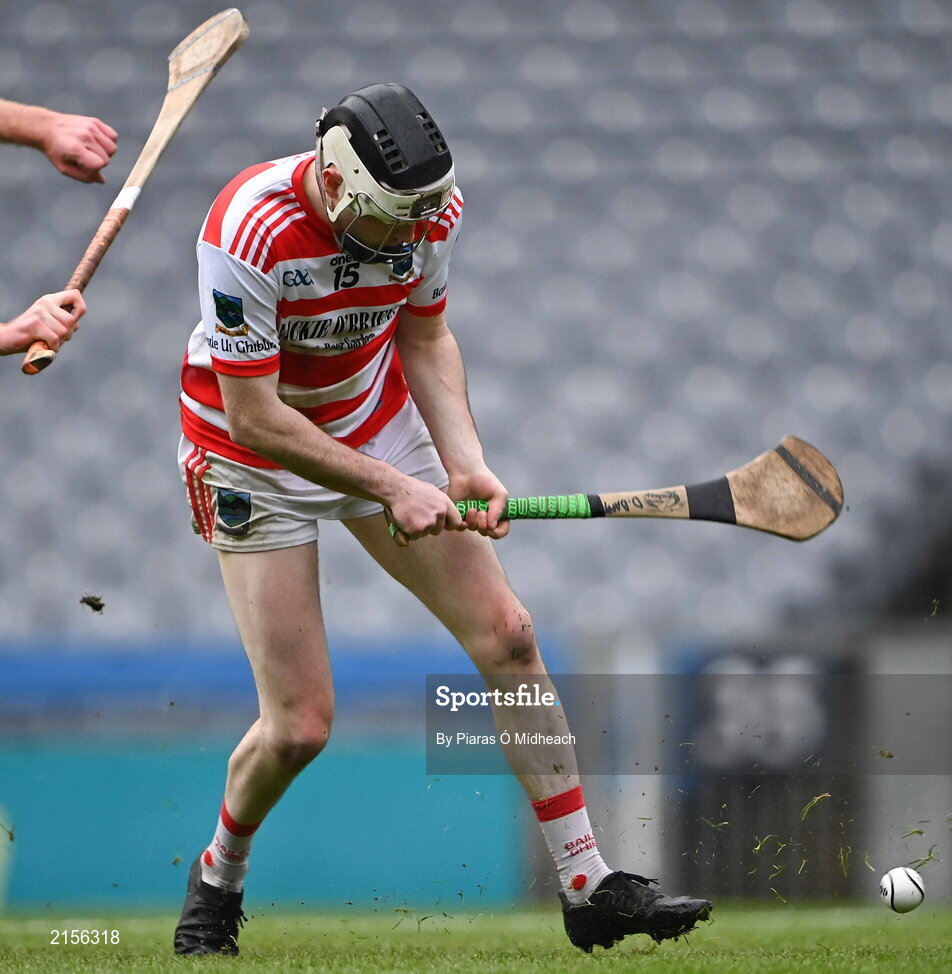5 February 2022; Dean Barry of Ballygiblin shoots to score his side's first goal during the AIB GAA Hurling All-Ireland Junior Club Championship Final match between Ballygiblin, Cork, and Mooncoin, Kilkenny, at Croke Park in Dublin. Photo by Piaras Ó Mídheach/Sportsfile