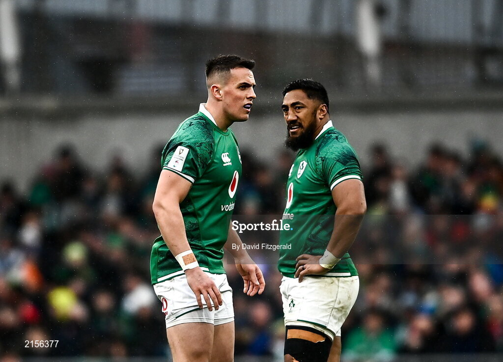 5 February 2022; James Hume, left, and Bundee Aki of Ireland during the Guinness Six Nations Rugby Championship match between Ireland and Wales at the Aviva Stadium in Dublin. Photo by David Fitzgerald/Sportsfile