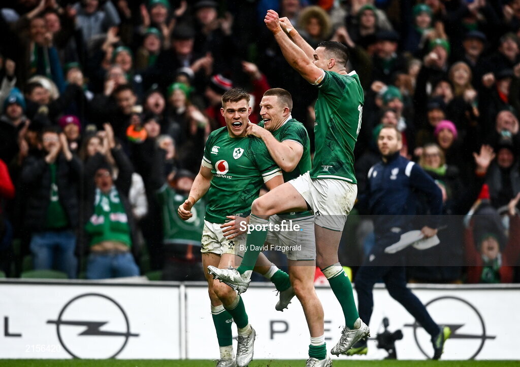 5 February 2022; Garry Ringrose, left, celebrates after scoring his side's fourth try with Andrew Conway, centre, and Jonathan Sexton of Ireland during the Guinness Six Nations Rugby Championship match between Ireland and Wales at the Aviva Stadium in Dublin. Photo by David Fitzgerald/Sportsfile