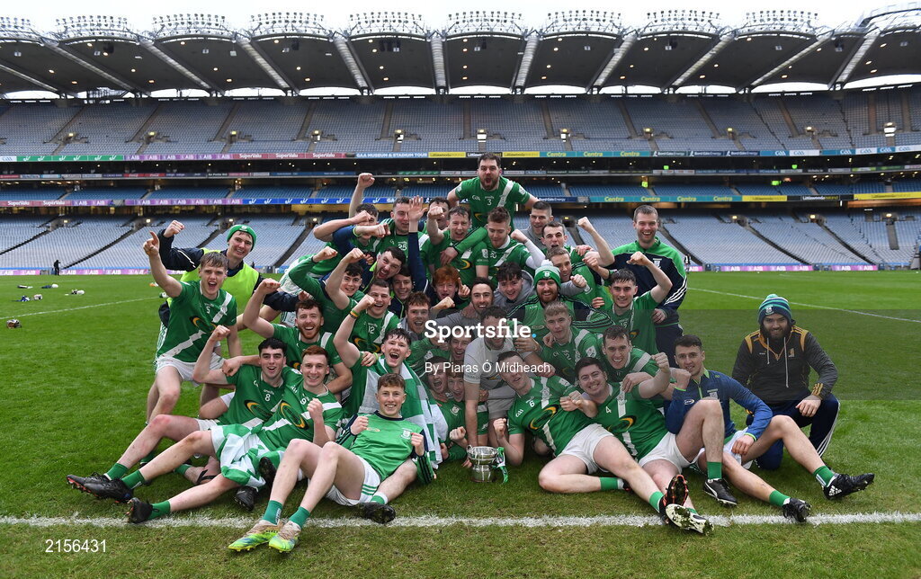5 February 2022; Mooncoin players celebrate after their side's victory in the AIB GAA Hurling All-Ireland Junior Club Championship Final match between Ballygiblin, Cork, and Mooncoin, Kilkenny, at Croke Park in Dublin. Photo by Piaras Ó Mídheach/Sportsfile