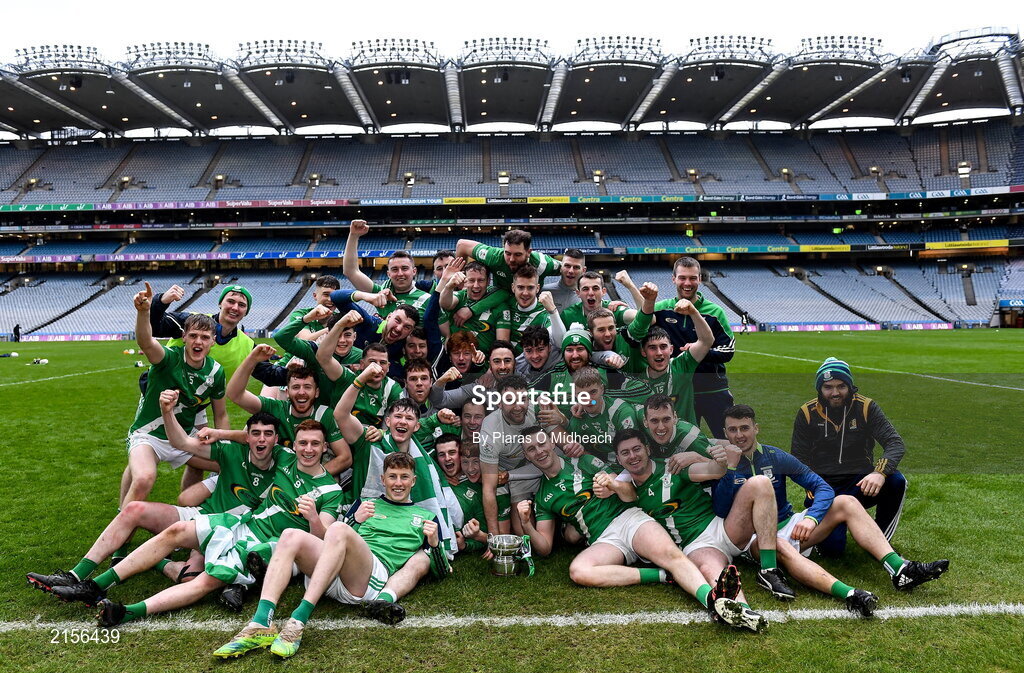5 February 2022; Mooncoin players celebrate after their side's victory in the AIB GAA Hurling All-Ireland Junior Club Championship Final match between Ballygiblin, Cork, and Mooncoin, Kilkenny, at Croke Park in Dublin. Photo by Piaras Ó Mídheach/Sportsfile