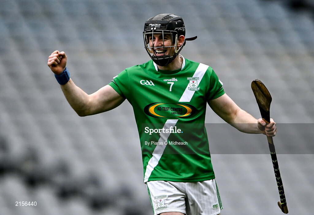 5 February 2022; Jim Delahunty of Mooncoin celebrates after his side's victory in the AIB GAA Hurling All-Ireland Junior Club Championship Final match between Ballygiblin, Cork, and Mooncoin, Kilkenny, at Croke Park in Dublin. Photo by Piaras Ó Mídheach/Sportsfile