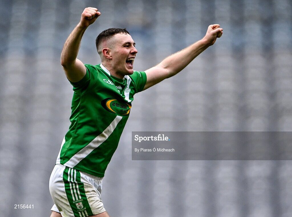 5 February 2022; Paul Henebery of Mooncoin celebrates after his side's victory in the AIB GAA Hurling All-Ireland Junior Club Championship Final match between Ballygiblin, Cork, and Mooncoin, Kilkenny, at Croke Park in Dublin. Photo by Piaras Ó Mídheach/Sportsfile