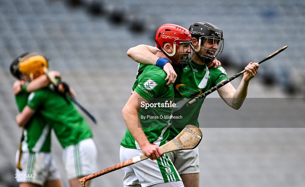 5 February 2022; Mooncoin players Jim Delahunty, right, and Aidan Doyle celebrate after their side's victory in the AIB GAA Hurling All-Ireland Junior Club Championship Final match between Ballygiblin, Cork, and Mooncoin, Kilkenny, at Croke Park in Dublin. Photo by Piaras Ó Mídheach/Sportsfile