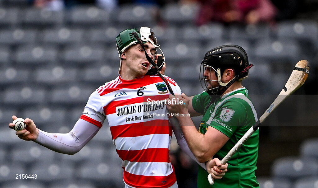 5 February 2022; Mark Keane of Ballygiblin is fouled by Cormac Daly of Mooncoin, who was shown a yellow card, during the AIB GAA Hurling All-Ireland Junior Club Championship Final match between Ballygiblin, Cork, and Mooncoin, Kilkenny, at Croke Park in Dublin. Photo by Piaras Ó Mídheach/Sportsfile
