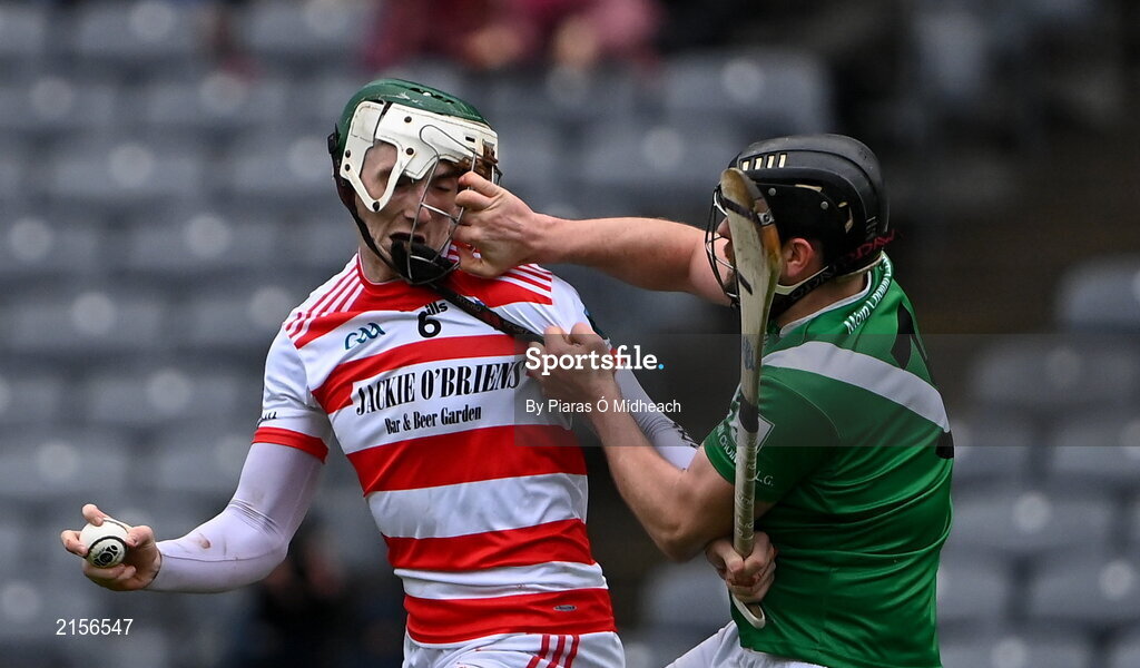 5 February 2022; Mark Keane of Ballygiblin is fouled by Cormac Daly of Mooncoin, who was show a yellow card, during the AIB GAA Hurling All-Ireland Junior Club Championship Final match between Ballygiblin, Cork, and Mooncoin, Kilkenny, at Croke Park in Dublin. Photo by Piaras Ó Mídheach/Sportsfile
